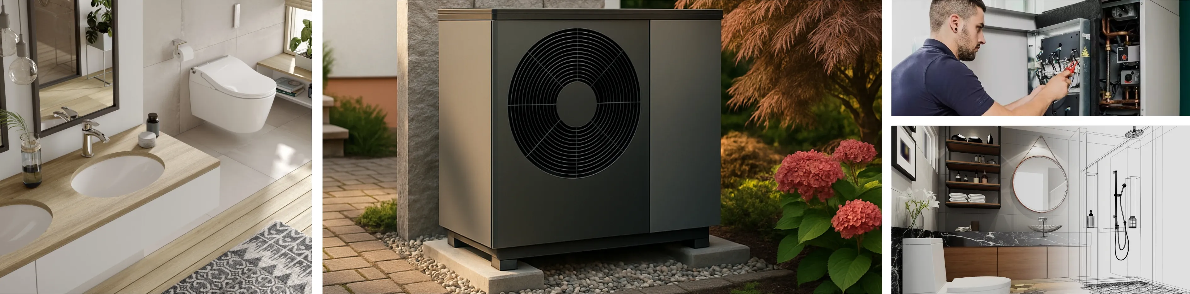 Das zentrale Element des Bildes ist eine energieeffiziente Wärmepumpe, die vor einem Haus in einem schön bepflanzten Garten (in Denzlingen bei Freiburg) installiert wurde. Links zeigt ein Foto ein modernes Badezimmer mit Doppelwaschbecken, Holzoberflächen und wandhängendem WC. Oben rechts montiert ein Techniker eine Heizungsanlage, während unten rechts ein halb gerendertes Badezimmer den Entwurfsprozess illustriert. Die Kombination zeigt die Planung und Umsetzung nachhaltiger Haustechniklösungen.